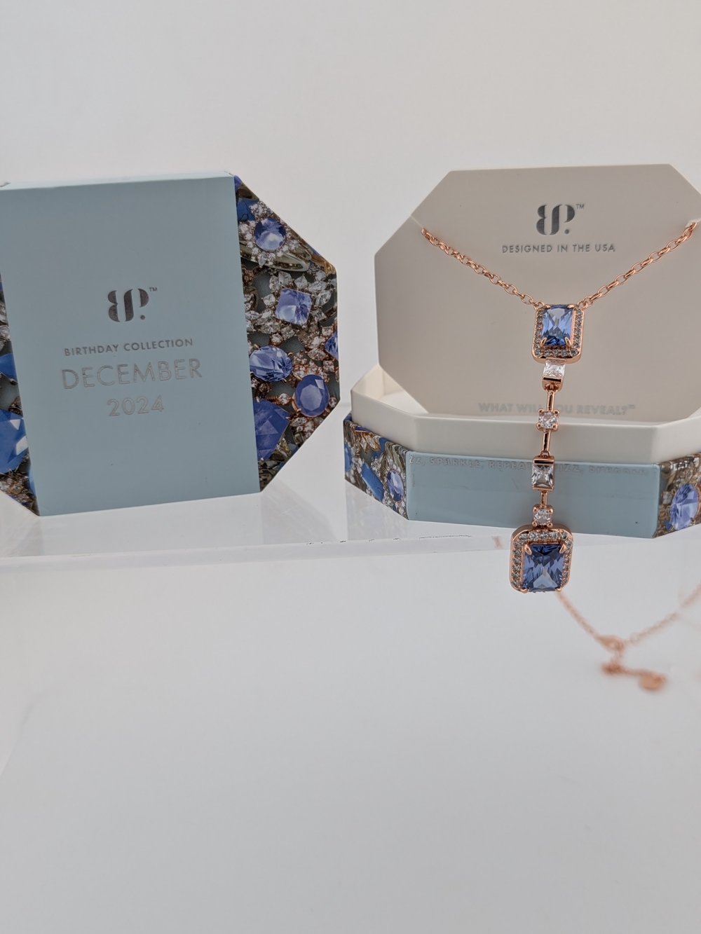 December Collection Rose Gold Necklace with Blue Gemstone Lariat Pendant